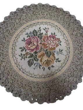 Round Floral Lace Edge Decorative Tapestry Doll Rug Gold Accents - 13.5" Vintage